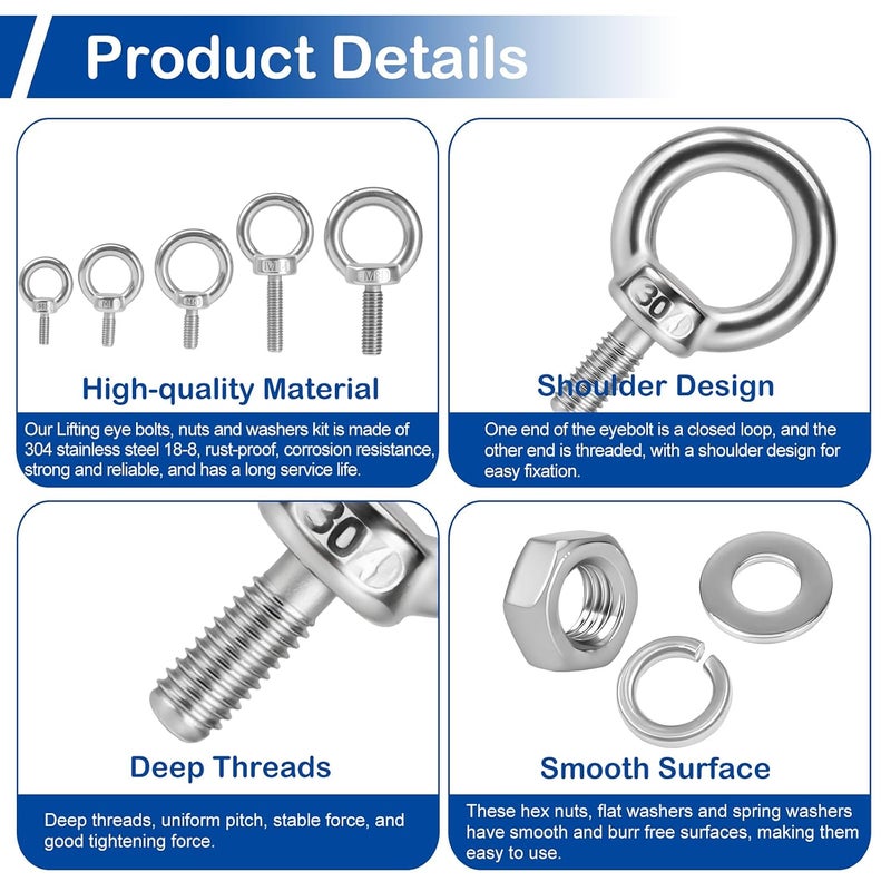 MroMax 12 Pack M5 Lifting Eye Bolts, 0.45"(12mm) Long Ring Threaded Eyebolts, Stainless Steel Lifting Shoulder Eye Bolts with Nuts and Washers, for Rigging, Anchoring, Pulling or Hoisting Objects - Image 4